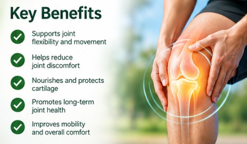 Illustration of knee joint and key CartiVex benefit themes
